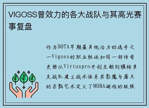 VIGOSS曾效力的各大战队与其高光赛事复盘