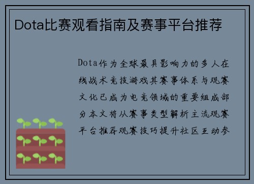 Dota比赛观看指南及赛事平台推荐